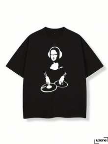 VintageMen'S Blend T-Shirt - Mona Lisa DJ Print - Casual Wearsummer Tops - Black - View 1