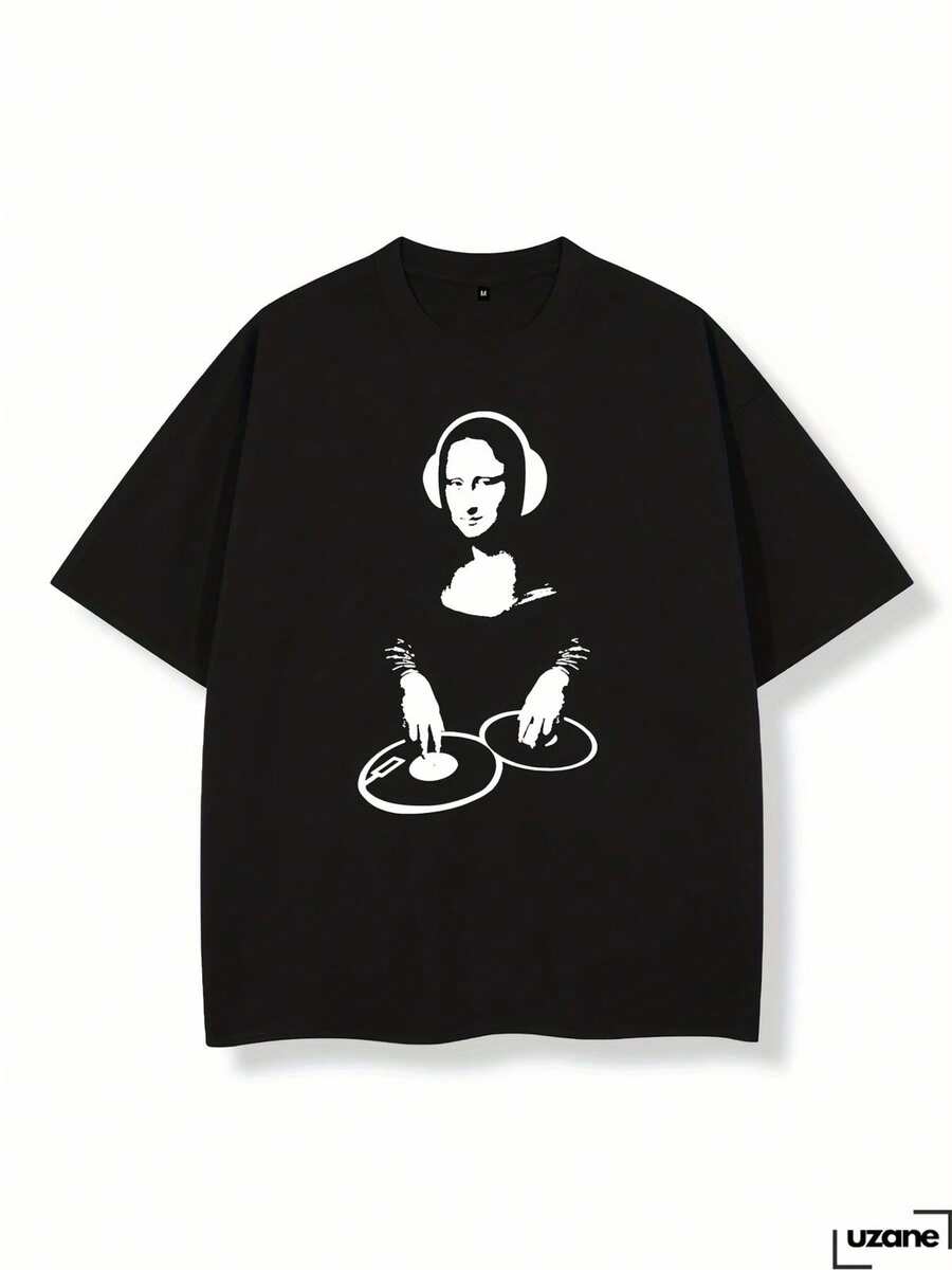 VintageMen'S Blend T-Shirt - Mona Lisa DJ Print - Casual Wearsummer Tops - Black - View 1