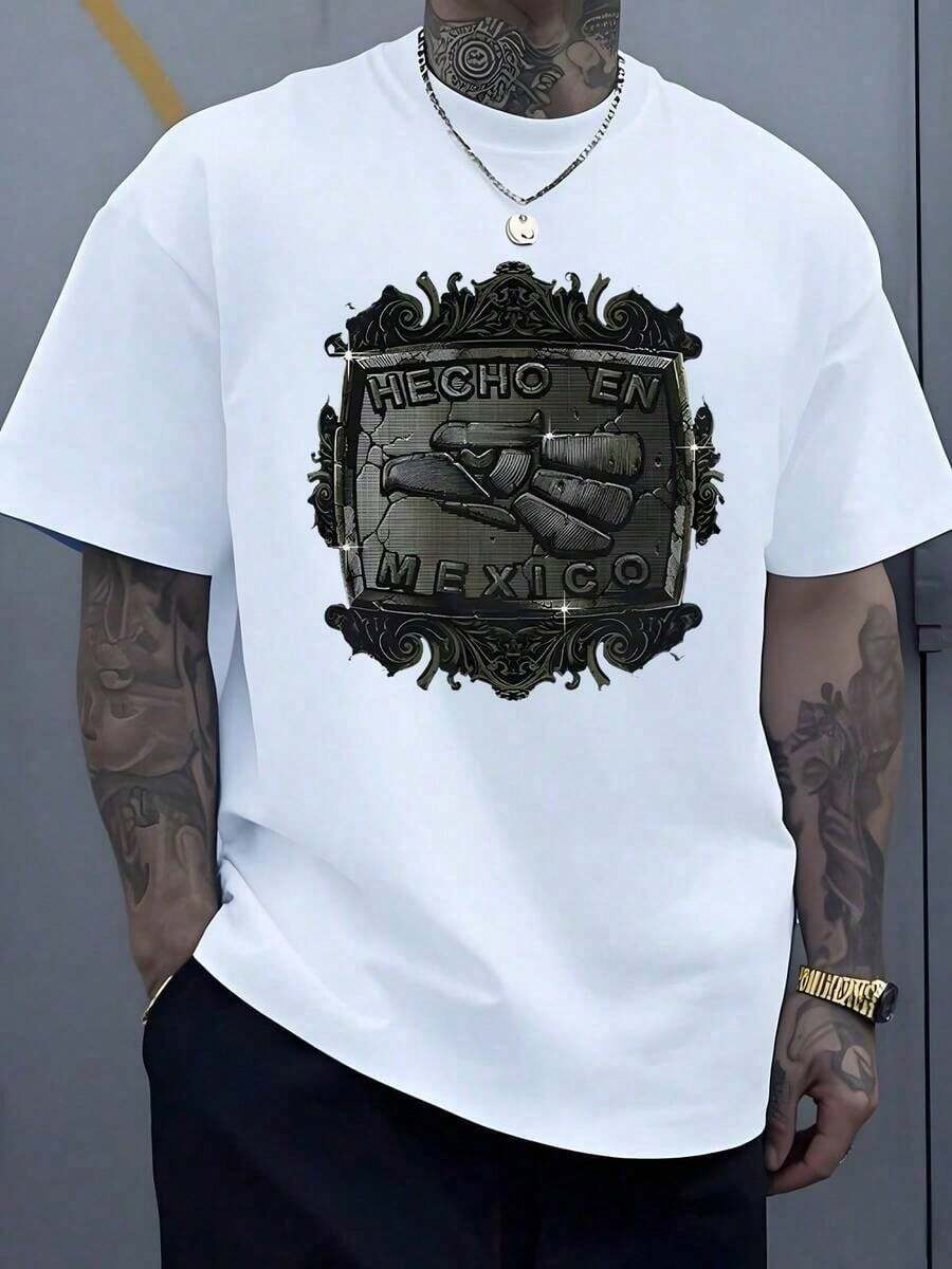 Symbol Of Two Clasped Hands Representing Strength, Respect, And Pride Of The Mexican Land With Golden Ornamental Details That Evoke Tradition And Cultural Unity. Men's T-Shirt, Large Size, 100% Cotton, 220g - 白色 - 查看 1