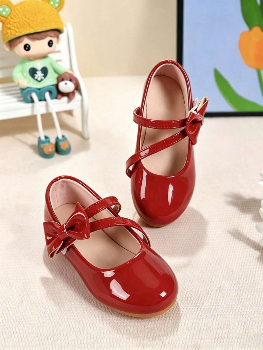 New Girls' Red Patent Leather Bow Decor Princess Flat Shoes, Low-Top Casual Shoes, Mary Jane Kids Shoes, Ballet Shoes, Suitable For Spring/Summer Older Children, Suitable For Performance, Dance, Outdoor Wear, Children's Birthday And Christmas Gifts, Daily Casual, School Parties, New Year Holidays, Best-Selling - Red - View 1