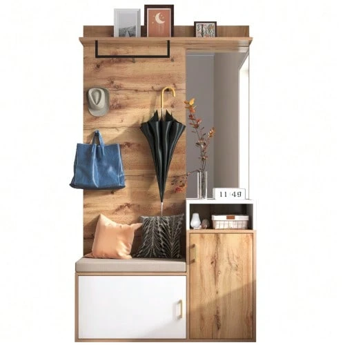 Elegant White And Wood-Colored Wardrobe Set With Mirror, Shoe Cabinet, Wall-Mounted Coat Rack, Bench And Coat Hooks - White - View 1