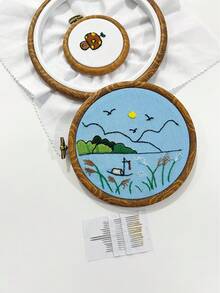 [19件組]仿木紋圓形刺繡框套組，包含8.2cm、13.7cm、17.3cm三種常用尺寸刺繡框及16支金尾刺繡針，適用於裝飾性刺繡創作，手工DIY工具組 - 仿古圓形 - 查看 4