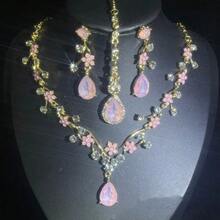 1 Juego de Joyería para Mujer, Pendientes, Collar y Cadena para la Frente Incrustados con Pedrería de Lujo y Elegantes, Juego de 4 Piezas, Adecuado para Novia, Boda, Banquete, Fiesta - conjunto de joyas - Ver 2