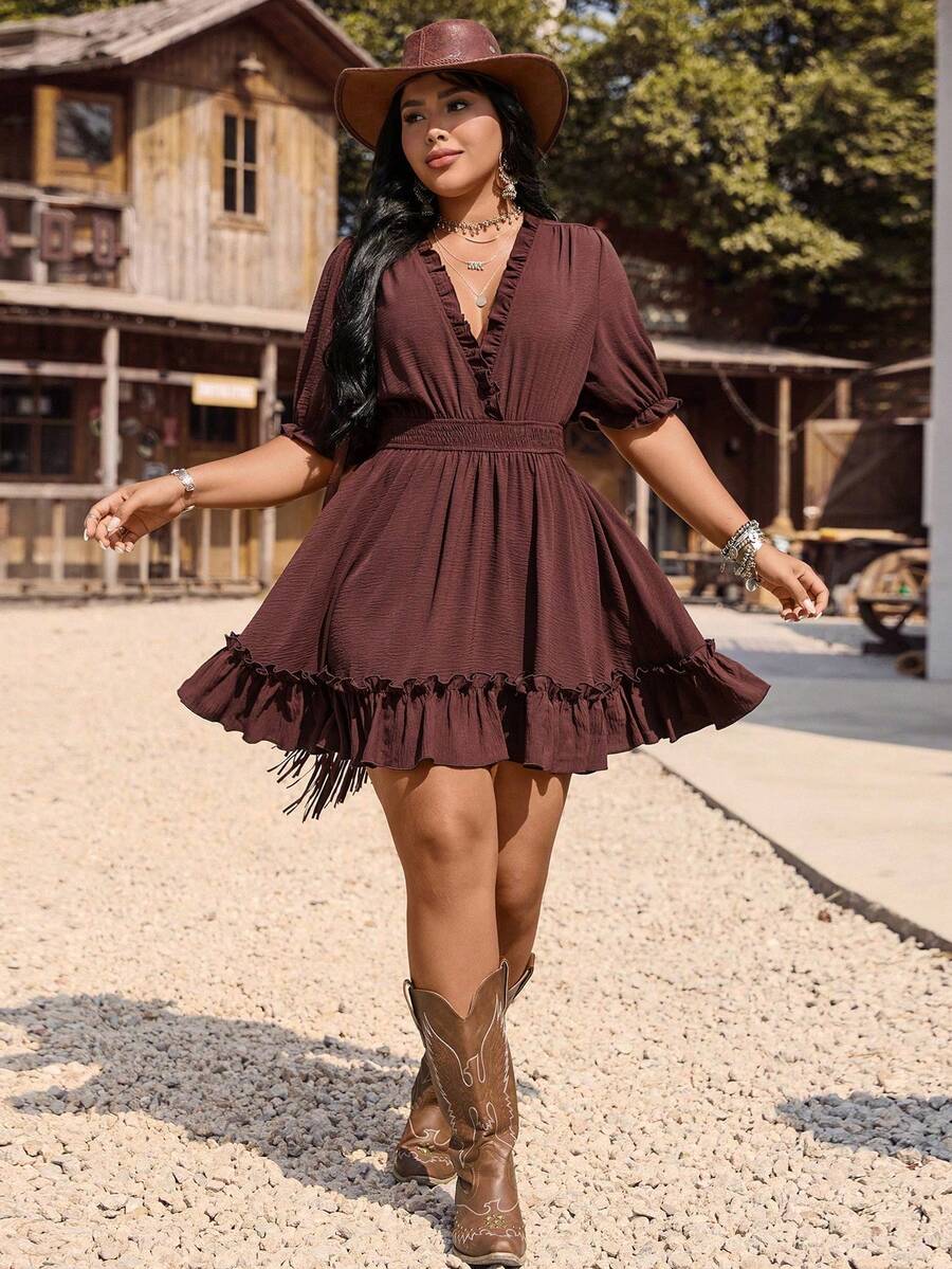 Nubod Vestido de manga corta con cuello en V, cintura ceñida y volantes en unicolor para mujer de talla grande, adecuado para primavera/verano, vuelta al colegio, vacaciones, graduación, días festivos, San Valentín, Navidad, festivales de música, Día de la Madre, Halloween, Acción de Gracias, Pascua, Día Nacional, bailes, cumpleaños, citas, fiestas, bodas, actividades al aire libre - Marrón - Ver 1