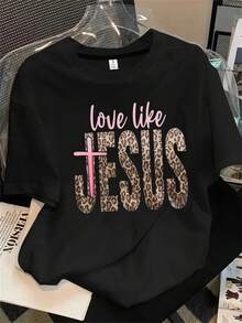 Top de mujer de manga corta y cuello redondo en color rosa con estampado de leopardo y la palabra "love" impresa, apto para todas las estaciones. - Negro - Ver 1