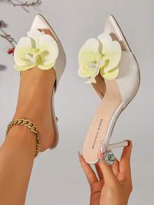 Sandalias retro elegantes de tacón alto, puntera abierta, unicolor beige, decoración de lazo, tacón fino y transpirable - Beis - Ver 5