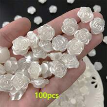 100pcs Flat Pearl Rose Beads With Holes, Suitable For Hair Clips, Phone Cases, Photo Albums, Earrings, Necklaces, Bracelets And Other Jewelry Making Craft Decorations, Gold-Edged Camellia Decoration, Wedding Craft Accessories - White - View 12