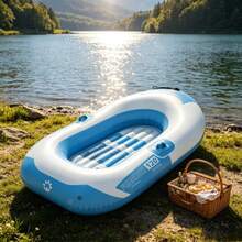 1pc Thickened Inflatable Raft, Portable Single Person Floating Tube With Handle, Lake River Beach Water Adventure Float - Blue and White - View 7