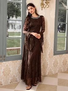 Elegant Women's Brown Lace Long Sleeve Formal Dress, Featuring Beaded Round Neck And Flared Hem, Suitable For Evening Occasions, Soft Back Tie Detail, Suitable For Parties, Galas - Coffee Brown - View 8