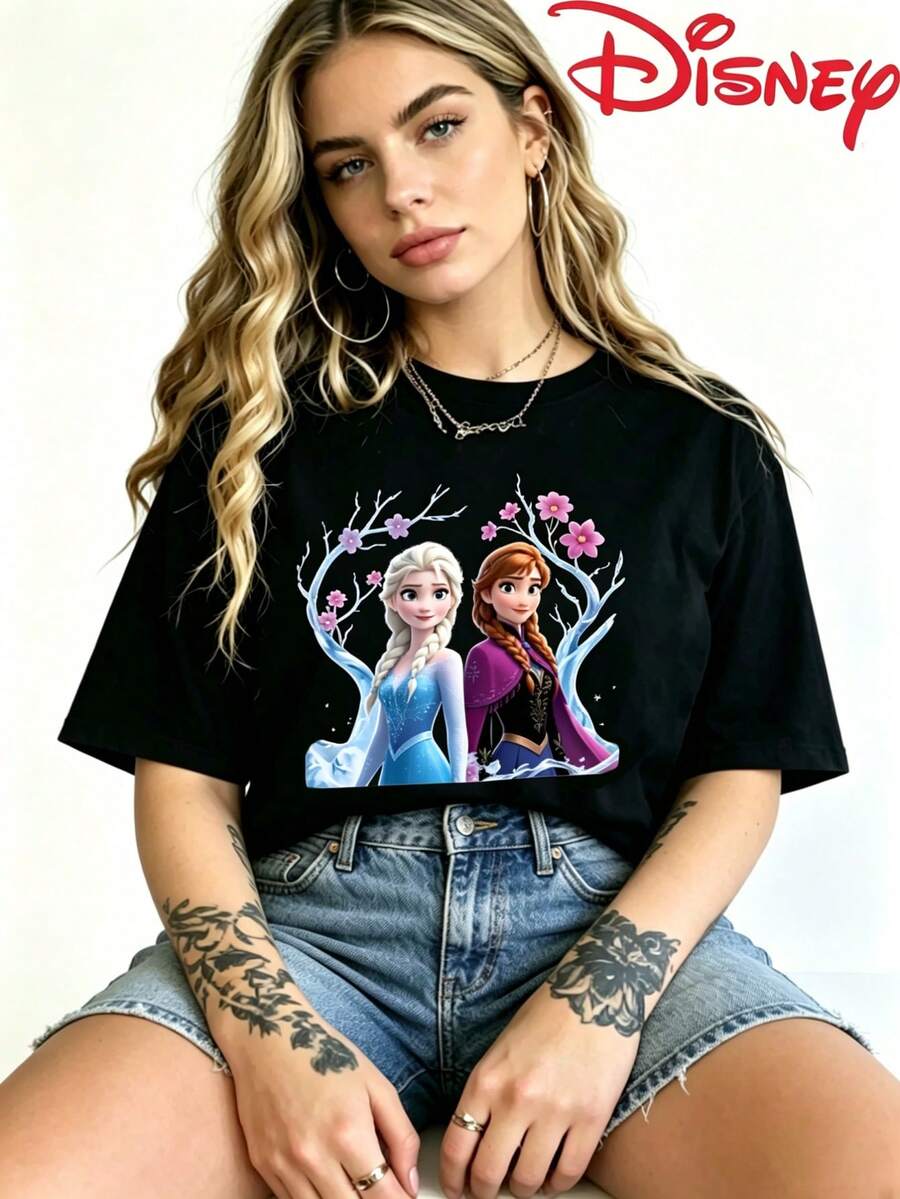Disney Brand Summer Women's Dress Frozen And Anna Graphic Tee, Casual Black Cotton Round Neck Short Sleeve T-Shirt, Regular Fit - 黑色 - 查看 1