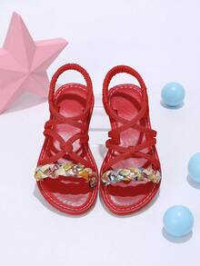 1 Pasang Sandal Musim Panas Anak Perempuan dengan Tali Silang Kain, Desain Tali Kepang Warna-warni, Sandal Pantai Minimalis Serbaguna Bergaya Retro Merah dengan Tali Elastis, Cocok untuk Liburan dan Pemakaian Sehari-hari - Merah - View 3