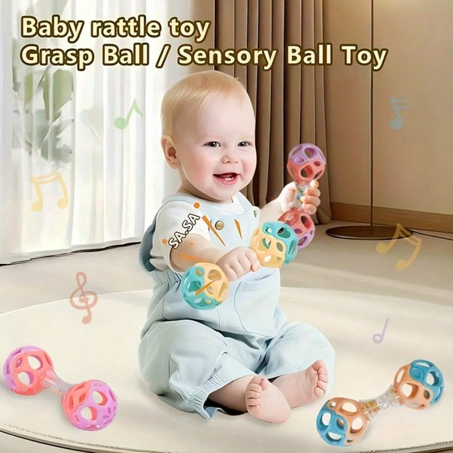 Baby Double Head Barbell Teether Rattle, Easy Grip Sensory Toy For Newborns, Early Development Teething Play Toy, Random Color, Perfect Birthday, Christmas, Halloween, Vacation,NewYear & All Holiday Gift For Baby