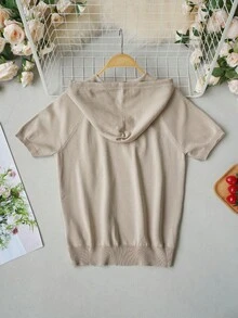 Light Apricot Hooded Drawstring Ribbed Knit Top, Young Women's Casual Short Sleeve Blouse, Raglan Sleeve Design Slimming Fit Summer - Khaki - View 9