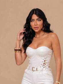 Women's Faux Leather Shorts And Cropped Top Set With Belt, Party/Blogger Style - White - View 4