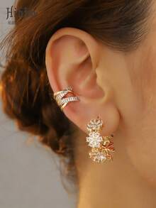 Hihho 1 paire de boucles d'oreilles fleuries à la mode, boucles d'oreilles clip en forme de C géométrique vintage pour l'oreille gauche ou droite, set de clips d'oreilles dorés pour femmes - ensemble de clips d'oreille - Voir 5