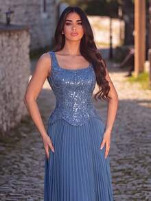 Faeriesty Vestido de Festa Longo Formal Elegante de Luxo com Miçangas, Lantejoulas e Pregas para Casamento - Azul Empoeirado - Visão 3