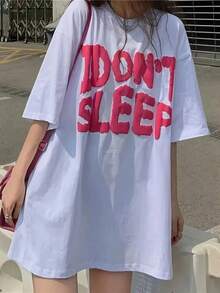 Cute Y2K Style Summer Top.1pac. Cute Y2K Style Summer Top. Women's 100% Cotton Loose Fit "DON'T DON'T SLEEP" Graphic T-Shirt - Pink And White Letter Print, Geometric Pattern, Round Neck, Short Sleeves, Casual Summer Top, Machine Washable, Bold Font, Loose And Comfortable Tee, Unisex, Couples Style. Perfect For Casual Wear. - 白色 - 查看 2