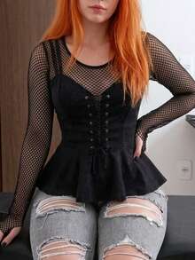 PEPLUM BLOUSE CORSET STYLE WITH ADJUSTABLE STRAPS - 黑色 - 查看 3