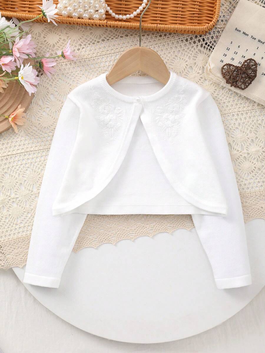 Girls' Spring/Summer Lightweight Fashionable Versatile Short Embroidered Knit Cardigan, Casual Minimalist, Suitable For Daily Wear Or Outdoor Activities - White - View 1
