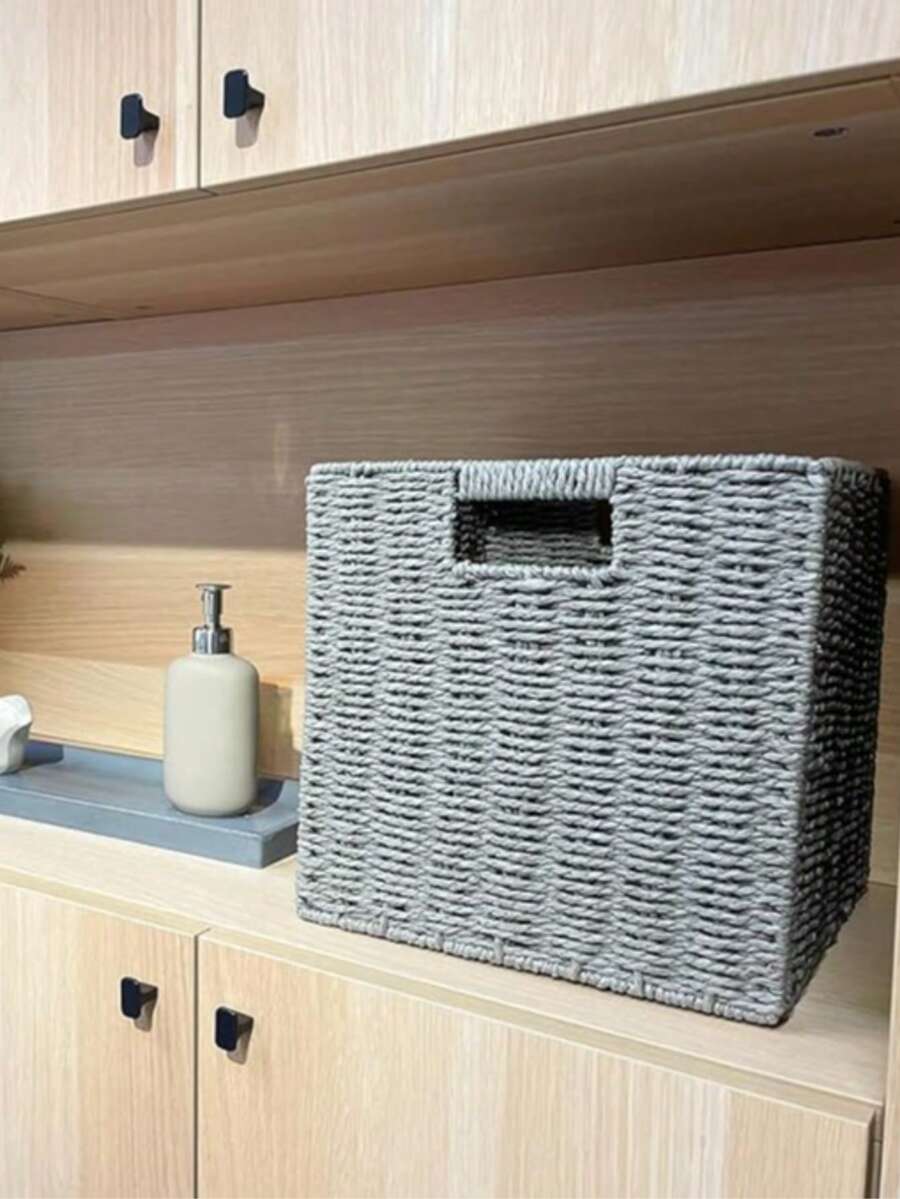 2/1 pieza Cesta de almacenamiento plegable con asas, cubo de almacenamiento rectangular plegable tejido a mano con cuerda de papel, caja organizadora adecuada para organizar estantes, sala de estar, dormitorio, despensa, decoración de Ramadán Eid