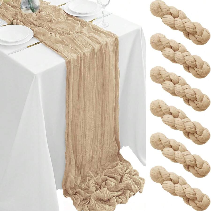 1/3/6 Stücke hellblauer Tischläufer im Boho-Stil aus halbtransparentem Käse-Gaze, Tischdekoration für Geburtstags- und Babyparty im Boho-Stil - Beige - Übersicht 1