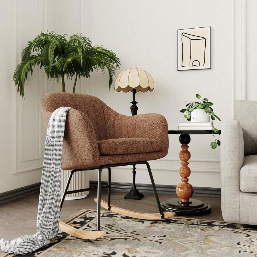 Modern Chenille & Wood Rocking Chair For Living Room Upholstered Sofa-Style Lounge, Linen Fabric, Cozy Recliner, - Brown - View 1