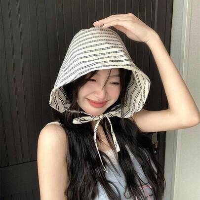 1Pcs Large Brim Foldable Bucket Hats With String For Women Korean Striped Female Panama Bob Outdoor Mountaineering Hat