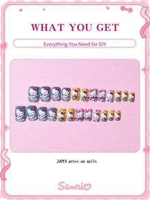 SANRIO 三麗鷗 Hello Kitty 24片短方型法式指甲貼片，可愛 3D Hello Kitty 壓接式壓克力假指甲組，完美貼合，Hello Kitty 美甲，適合女孩與兒童日常佩戴及家庭聚會使用，粉色女孩風 - 彩色 - 查看 4