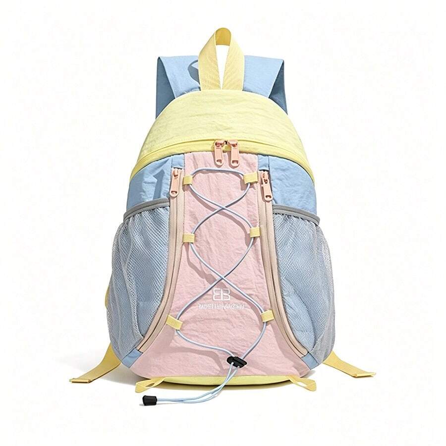 Casual Color-Block Backpack, Lightweight Nylon Daypack With Large Capacity & Multi-Pocket Storage, Suitable For School, Office, Travel, Outdoor Activities & Everyday Use - Pink - View 1