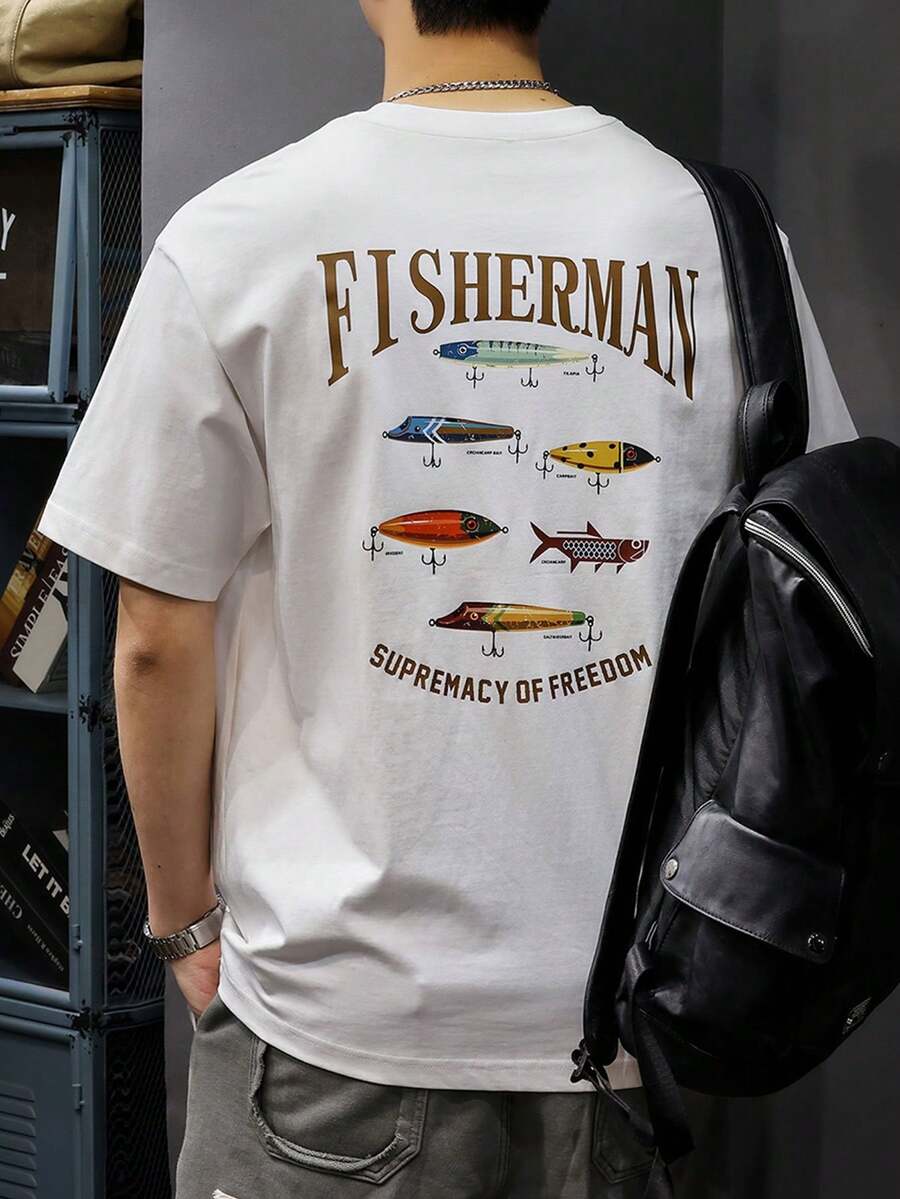 Camiseta de Algodón con Temática de Pesca para Hombres y Adolescentes - Manga Corta, Cuello Redondo, Estilo Casual de Verano con Estampado de Peces, Corte Holgado, para Pesca, Activida - Negro - Ver 1