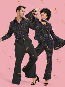 Men's 1970s Disco Costume Set – Vintage Party Outfit With Wig & Necklace For Stage Performance, Halloween Cosplay - Black - View 7