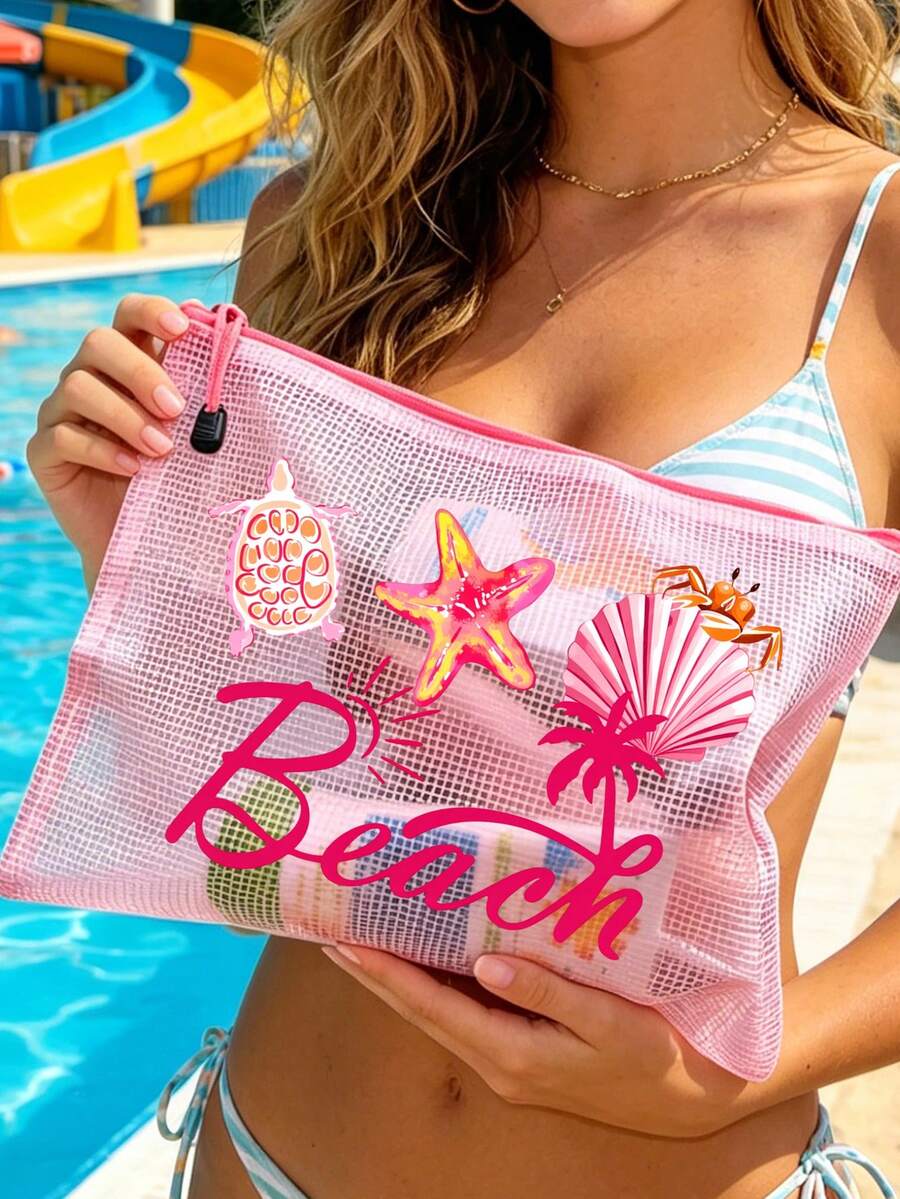 時尚防水PVC沙灘包，印有「Beach」與彩色字母，A4尺寸，透明化妝包，尼龍拉鍊，春夏防曬收納，適合游泳、沙灘、潛水與夏季度假，學生開學季，送給朋友、家人、閨蜜、同學的禮物。生日、節日、派對、婚禮（伴娘）、教師節的完美禮物與紀念品。郵輪必備，畢業、暑假、開學季禮物