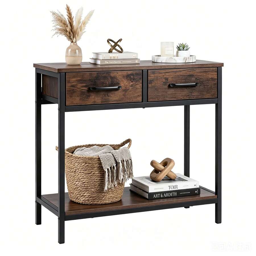 Small Entryway Table Modern Sofa Table With 2 Fabric Drawers & Open Compartment Metal Frame For Entrance Hallway & Living Room - Brown - View 1