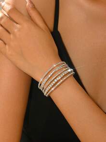 1pc Korean & European Style Copper Material Bracelet Jewelry, Fashion Bride Rhinestone Elastic Bangle Bracelet - Silver - View 2