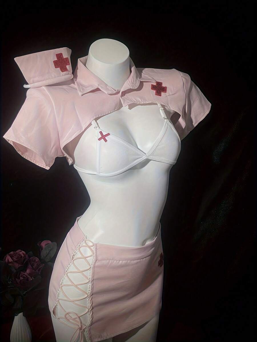 Sexy Nurse Uniform 5-Piece Set (Headwear + Top + Underwear + Short Skirt) Paired With Three-Point Seductive Lace-Up Lingerie, Offering Bold And Unrestrained Role-Playing Charm, Essential For Private Dates Between Couples - 粉紅色 - 查看 1