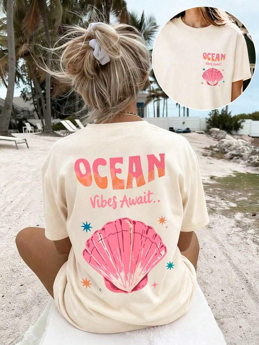 Women's Casual Printed T-Shirt, Short Sleeve, Round Neck, Local Urban Fashion Spring/Summer. Women's Blouses, Women's T-Shirts. 180g (S-XXXL) - 杏子 4 - 查看 1