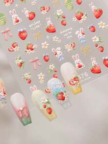 1pc 5D Pearl Cute Rabbit Strawberry Nail Art Stickers, Exquisite Cartoon Rabbit Strawberry Flower Nail Decoration Decals DIY Accessories - Multicolor - View 5