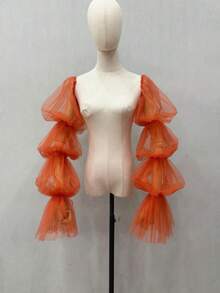 1pc White Mesh Puff Sleeve, 2pcs Elastic 4-Layer Dark Bride Sleeve Cuffs - Multicolor - View 16