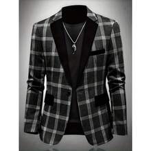 Men's Fashion Plaid Slim Fit Blazer, Button Closure, Long Sleeve, Regular Length, Casual Style Menswear Suits Formal Wetsuit Business Casual Outfits Checked Navy Blue - 棕色 - 查看 4