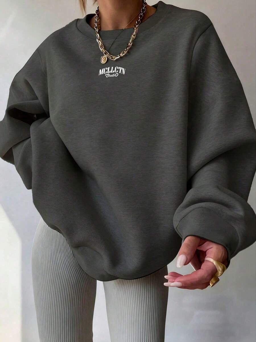 Women's Y2K Oversized Crew Neck Letter Print Sweatshirt, Casual Fall, Airport Spring - Dark Grey - View 1