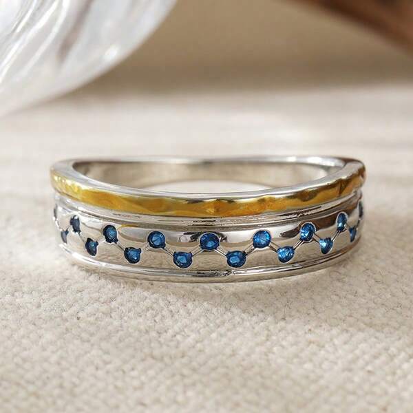 Two-Tone Blue Zirconia Hammered Vintage Ring, Versatile Women's Ring For Daily Wear And Parties