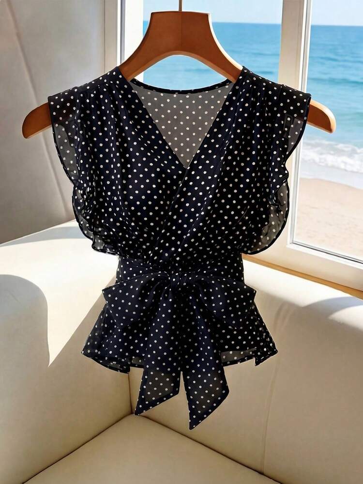 Blusa elegante de verano para mujer con escote en V y lunares, diseño de cintura elástica con cinturón y dobladillo con volantes, estilo francés para playa y resort - Negro - Añade 1