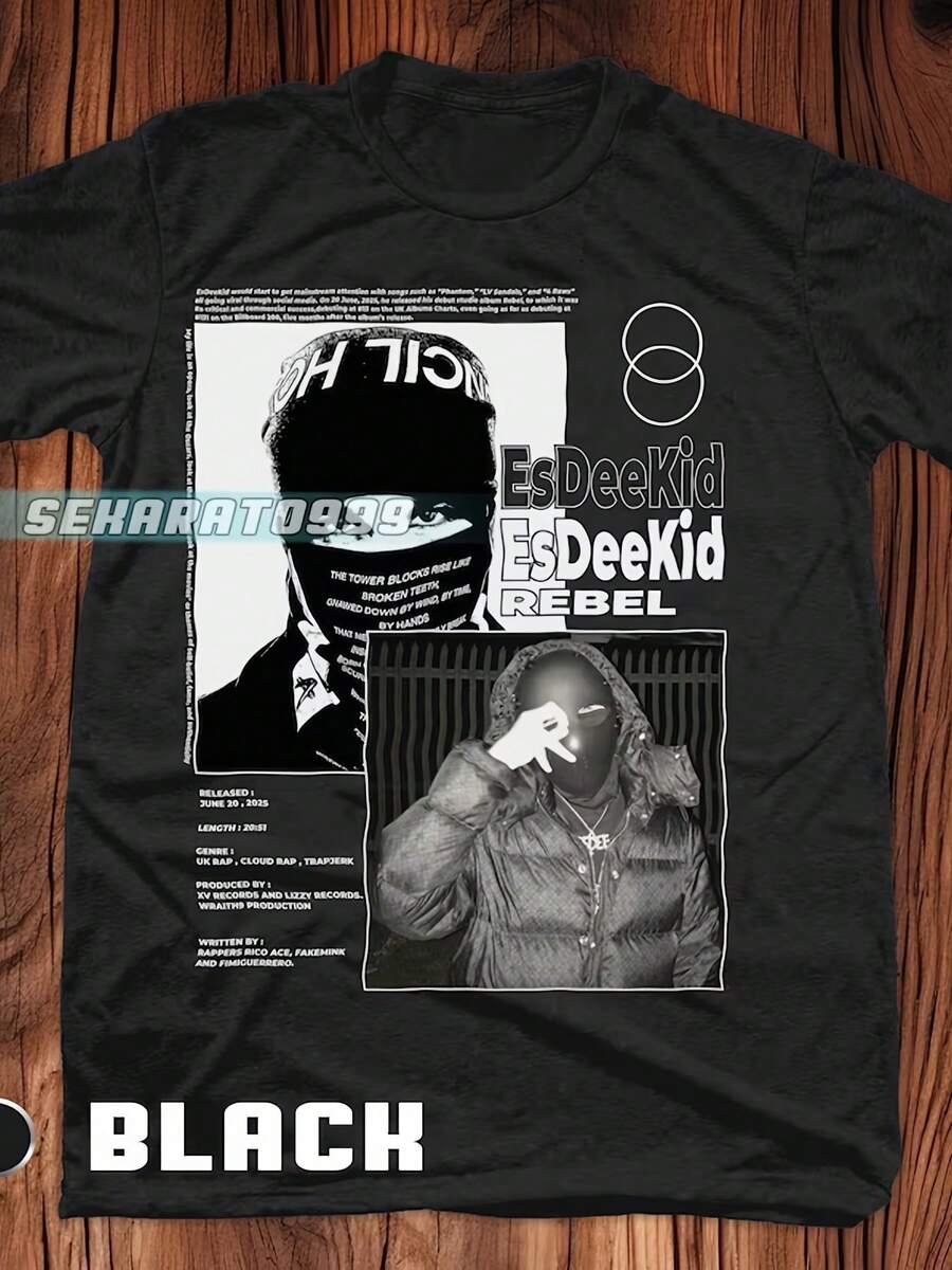 Camiseta EsdeeKid con Diseño de Portada de Álbum - Camiseta de Manga Corta con Estampado de EsdeeKid y Álbum, Cuello Redondo, Lavable a Máquina, Estilo Casual con Diseño Icónico, Ideal para Festivales, Ropa Casual y Regalos - Negro - Ver 1