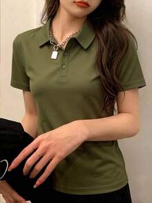 女款修身領口 Polo T恤，軍綠色素色短袖，通勤休閒高爾夫網球運動上衣，夏季 - 軍綠色 - 查看 10
