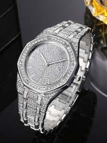 2pcs Men's Hip-Hop Business Diamond-Studded Roman Dial Calendar Wristwatch - 2pcs - View 2
