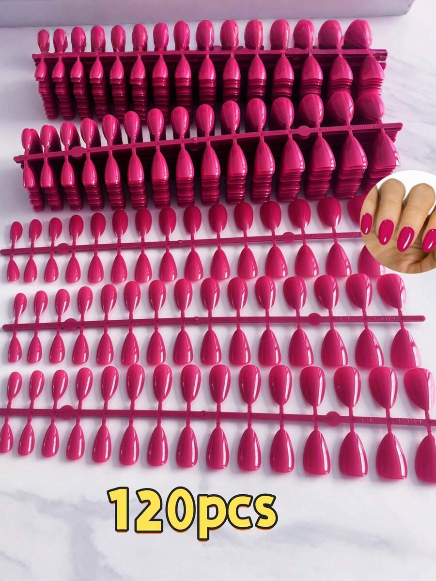 120pcs Almond-Shaped Nail Art Set, Fuchsia Acrylic Nail Tips, Fashion Versatile Wear, Suitable For Women All Seasons Solid Color Nail, Detachable Press-On Nails
