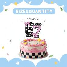 1 pieza Adorno para pastel con purpurina "Tengo 6 Ahora 7", Decoración de fiesta de cumpleaños 7 con estampado de vaca rosa, Suministros de mesa de postres con tema de bola de discoteca para niña, Palillo de pastel con lazo - Bow Disco 6-7 - Ver 3