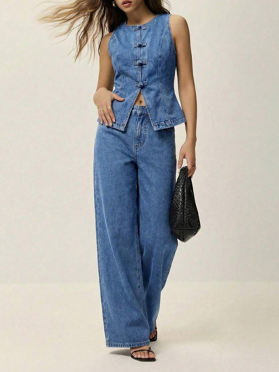 Conjunto informal de chaleco y pantalones de mujer de un solo botonadura con estampado de lunares - Azul lavado medio 2 - Ver 1
