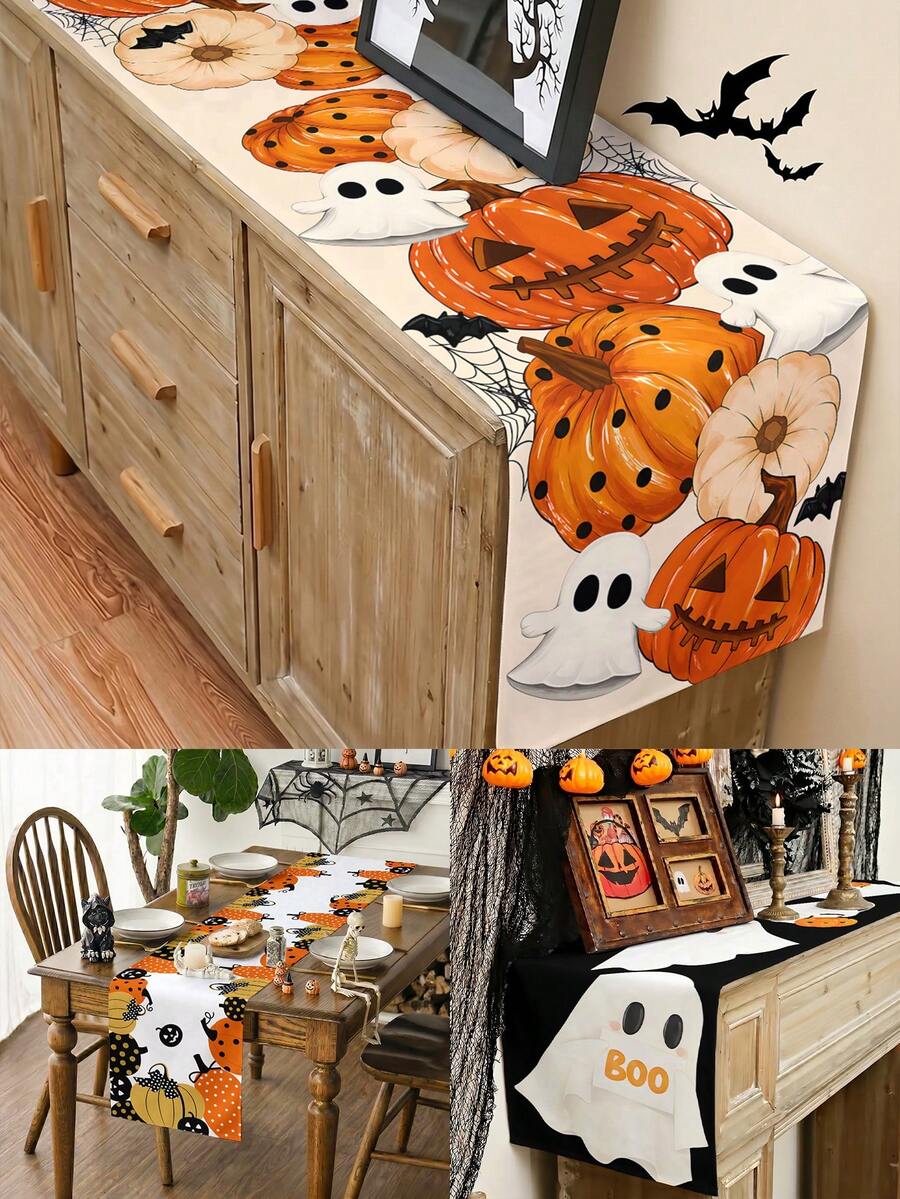 1pc 35*180cm Halloween Theme Table Runner, Cute Pumpkin, Ghost, Spider Web, Bat Pattern Theme Tablecloth Halloween Tabletop Decoration, Halloween Theme Party, Kitchen And Home Decor, Indoor And Outdoor Use, Holiday Table Decoration, Halloween Party Supplies - Multicolor - View 1
