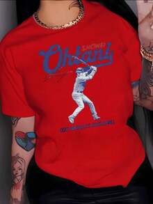 Graphic Showing A Baseball Player In Full Swing, Symbolizing Strength And Determination To Pursue Dreams With Passion. Women's T-Shirt, 100% Cotton, Comfortable And Modern, Oversized, Coquette Vintage Y2K Streetwear Tops - 紅色的 - 查看 1